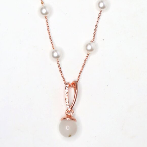 Rose Gold Tone Dainty Y-Lariat Necklace Faux Pearl Drop Modern Minimalist - Picture 2 of 8